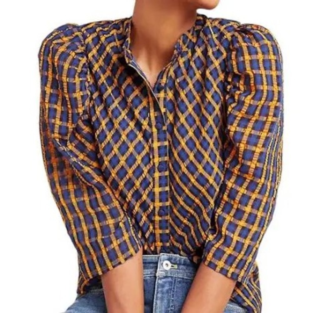 Eva Franco Blue Orange Plaid Textured Button Down Blouse Mock Neck CK8995AN Sz 8